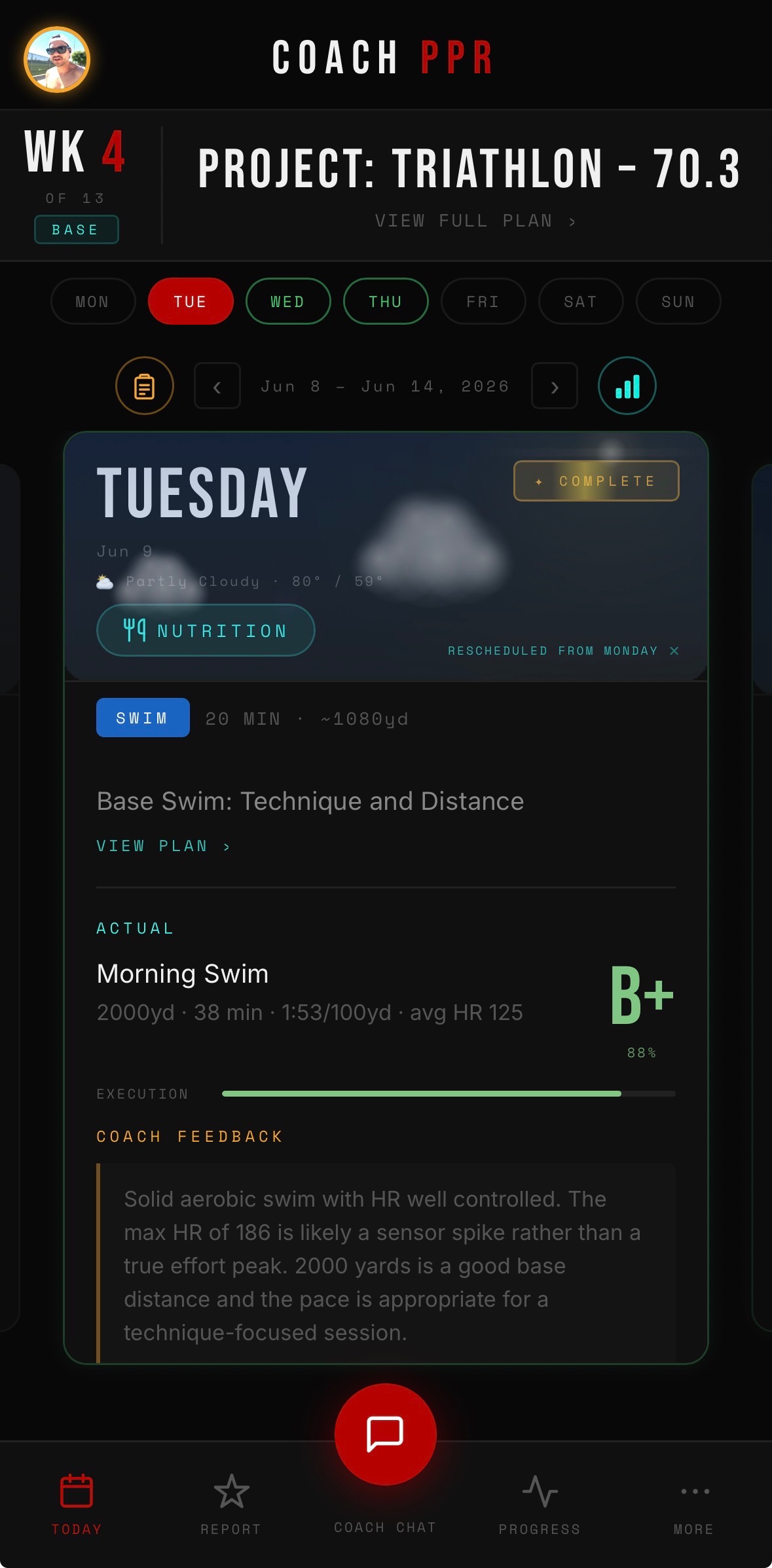 Coach PPR app — daily training view